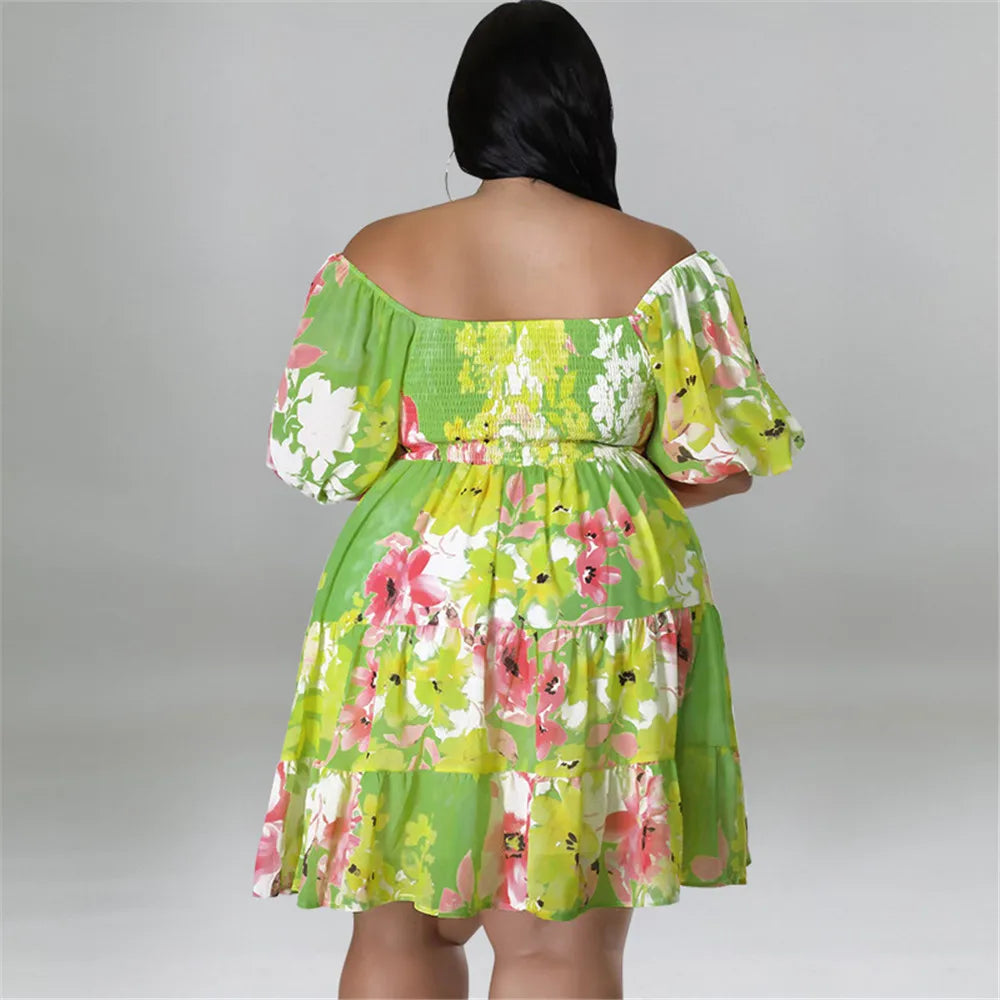 Maxy Plus Size Summer Dresses Women's Clothing Flower Printed One Shoulder Elegant Mini Dress Hot Sale