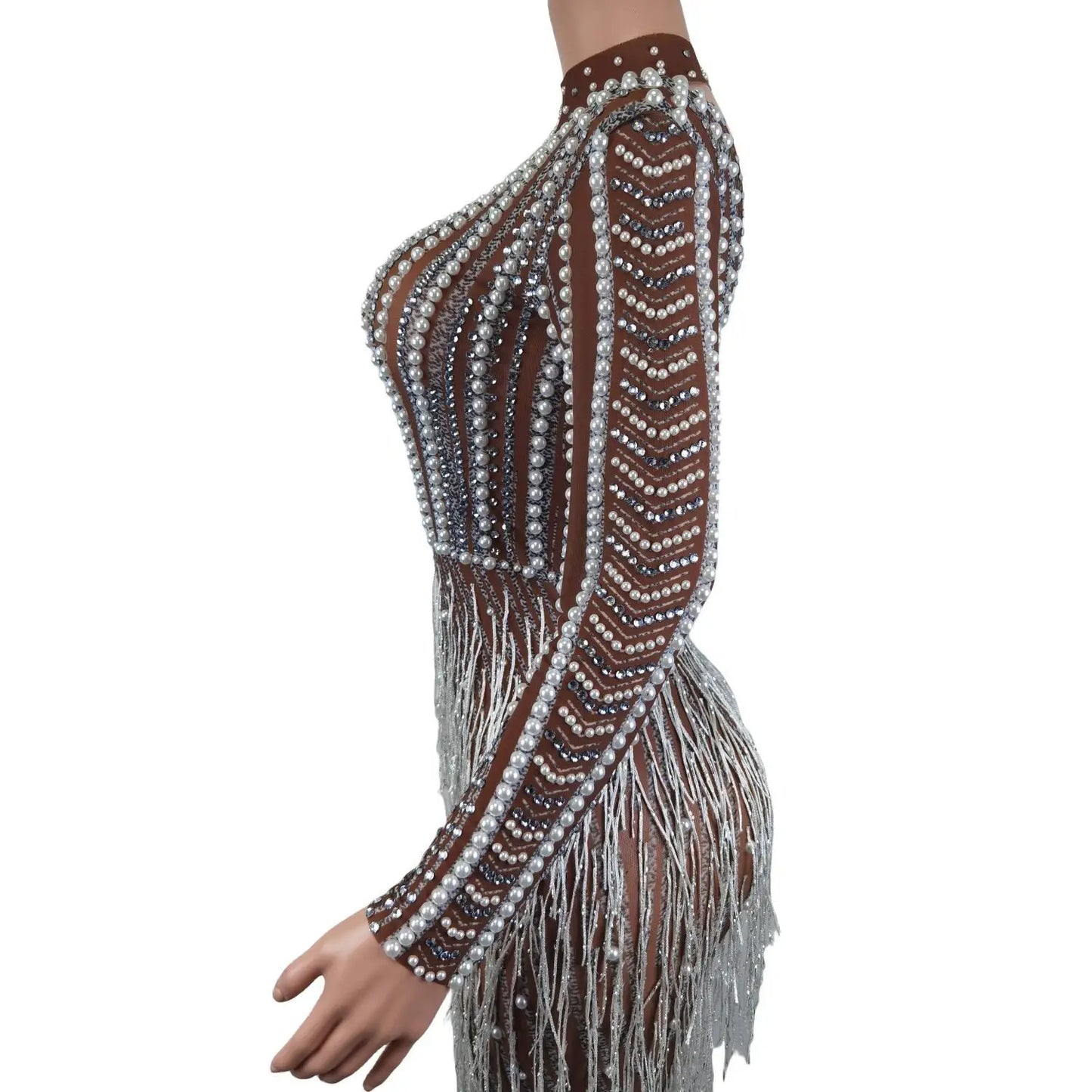 Macy Luxury Pearl Tassel Mermaid Evening Dresses for Women Wedding Party Long Sleeve Formal Gowns Lady Bodycon Diamond Long Dresses