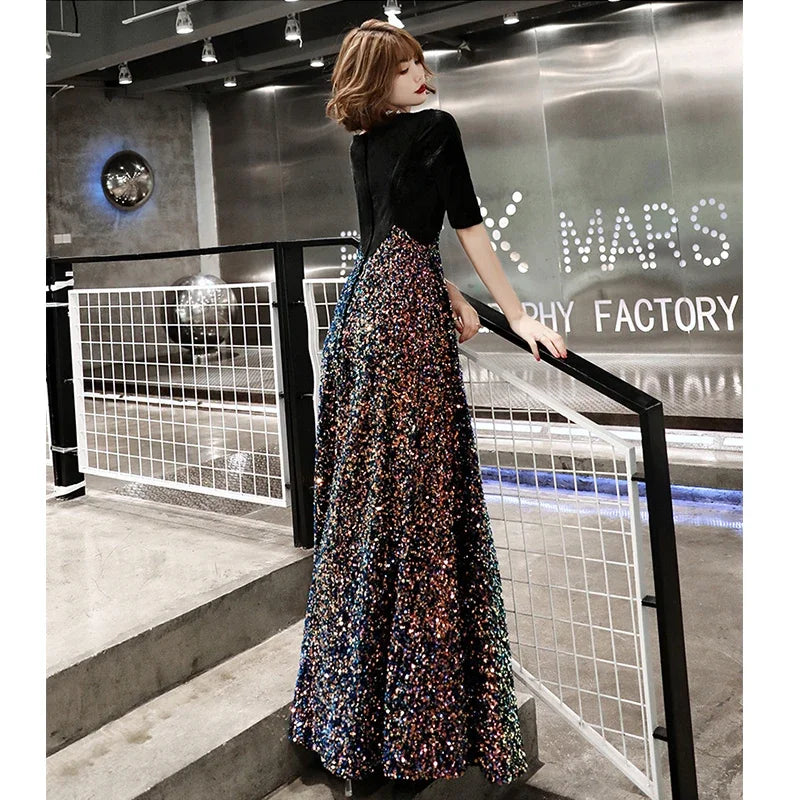 Babs Evening Gown Black Velour Sequins Patchwork V-Neck Evening Dresses Half Sleeve Zipper Plus Size Women Party Formal Dress K324