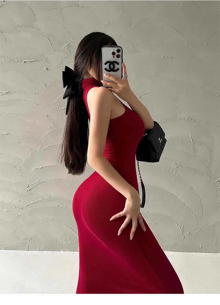 Maxy Red Fashion Sexy Turtleneck Midi Dress Women Party Club Ladies Bodycon Elastic Peach Hip Elegant Long Dresses for Woman