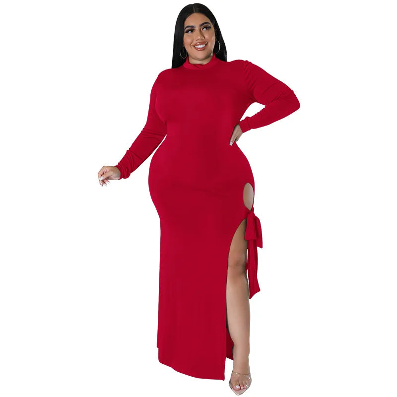 Maxy Plus Size Fall Clothing Women Long Sleeve Fashion High Slit Split Sexy Hollow Out Long Maxy Dress