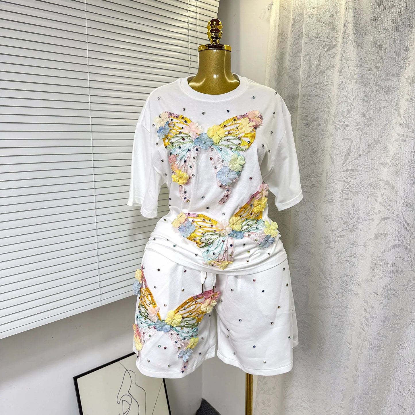 Maxy Fashion Butterfly Floral Beading Women's Set T-shirt and Shorts 2025 Summer Active Two 2 Piece Sets Outfit Tracksuit