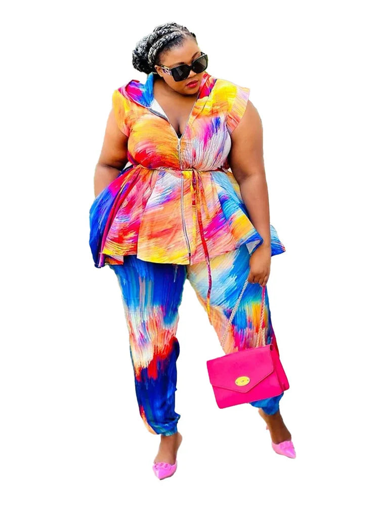 Maxy Plus Size Women Clothing Two Piece Set Hoodies Tie Dye Casual Loose Top and Pants Matching Suit