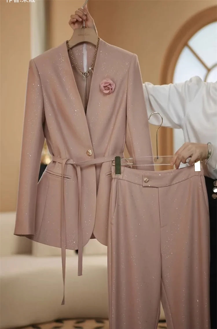 Maxy Spring new fashionable suit set feminine temperament professional commute sequined suit wide leg pants