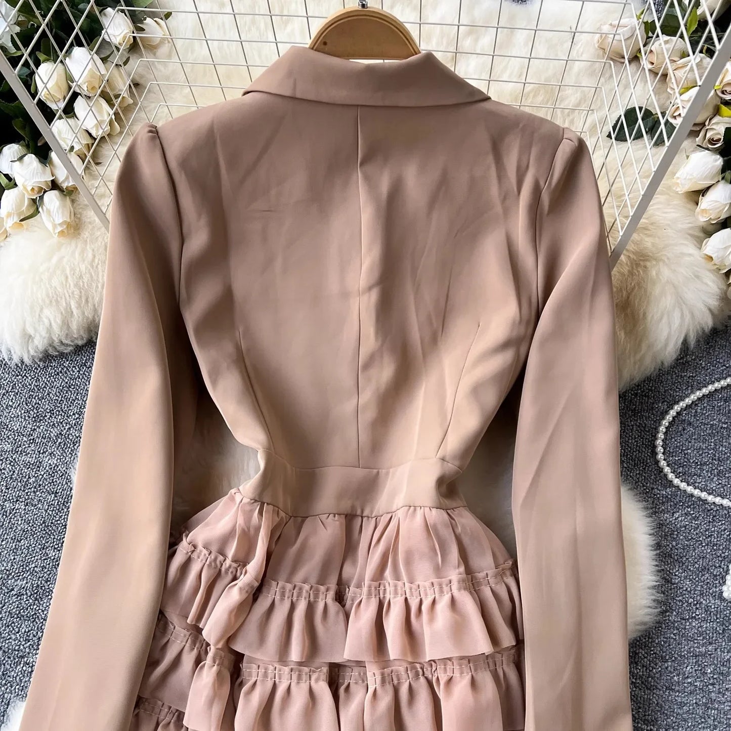 Zay Women Vintage Evening Party Dress Spring Autumn Lapel Long Sleeve Patchwork Mesh Layered Dresses Ladies Elegant Long Robe