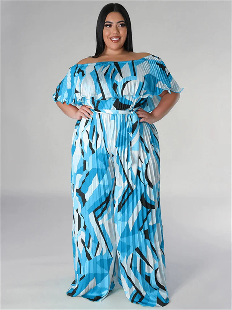 Maxy Plus Size Jumpsuit Women Clothing Pleated Wide Leg Off Shoulder Romper Printed One Piece Outfits
