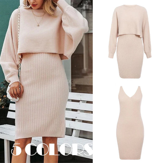 Maxy  autumn new two-piece set, soft fashionable solid color long sleeve pullover+ woolen halter V-neck long dress