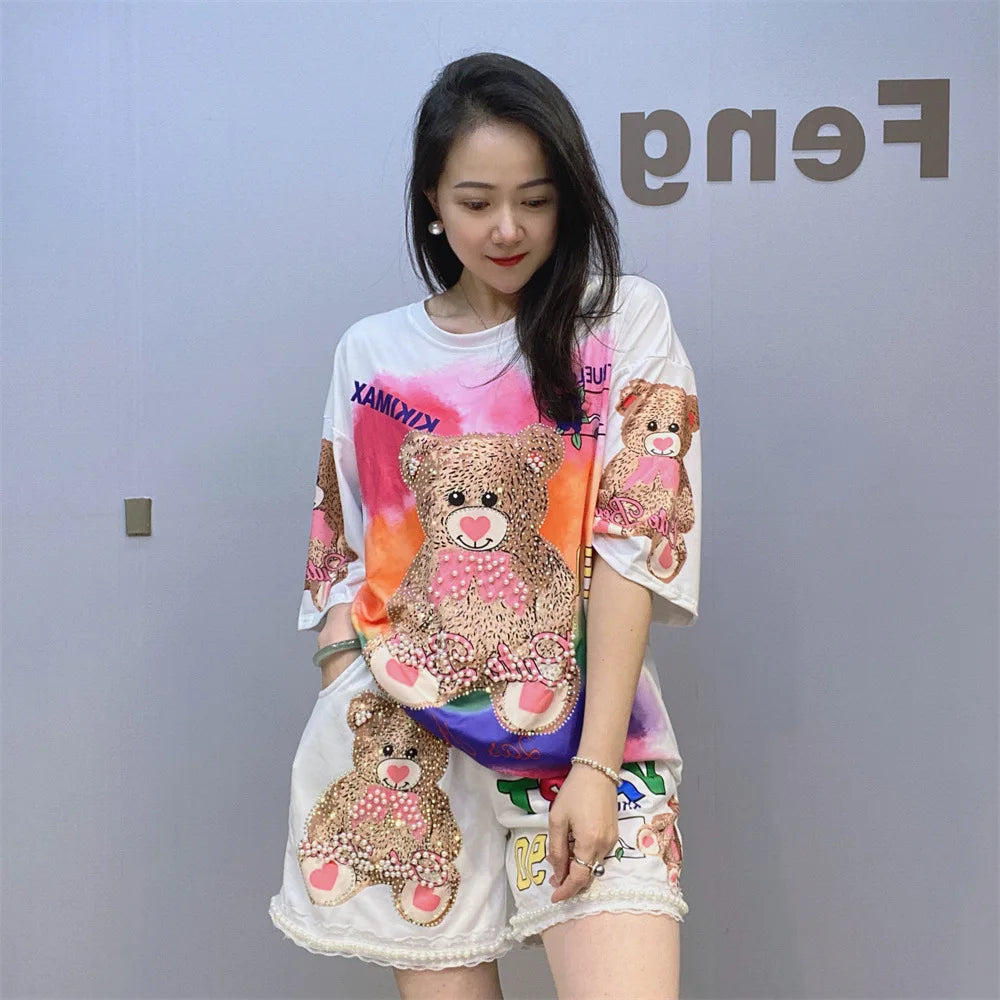 Maxy Beaded Cartoon Bear Shorts Casual Suit Women 2024 Summer Loose Printed Rhinestone Hot Fixed Short Sleeve T-shirt Two-Piece Sets