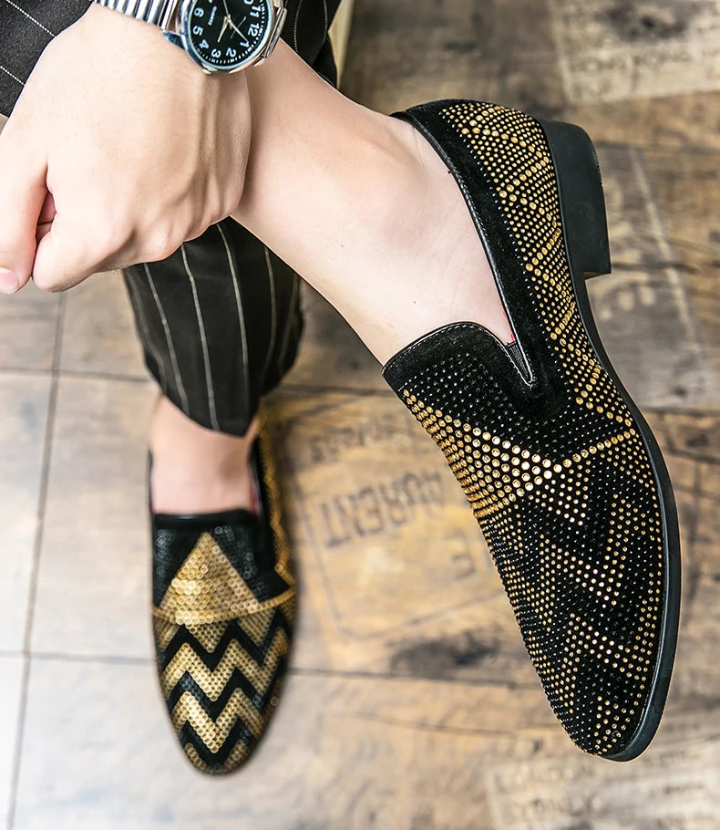 Maxy Fashion Italian handmade rhinestone leather shoes men's casual foot set slip-on leather hair stylist bean shoes fashion