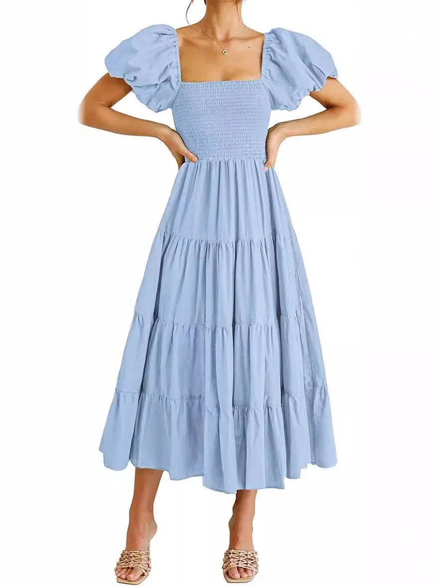 Maxy Dress Women Clothing Ruffles Ruched A-Line Frock Square Neck Short Sleeve Dress Vacation Streetwear Outfits Summer