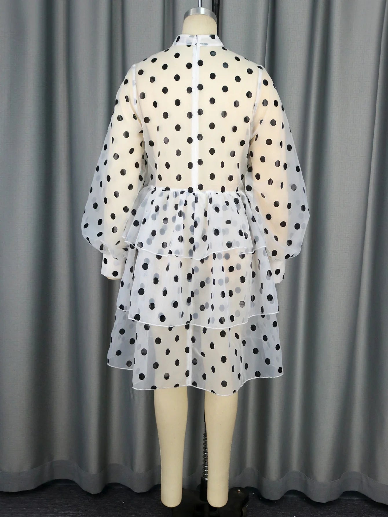 Women Polka Dot See Through White A Line Dresses Mock Neck Long Sleeve Empire Layered Cake Dresses Evening Party Gowns Plus Size