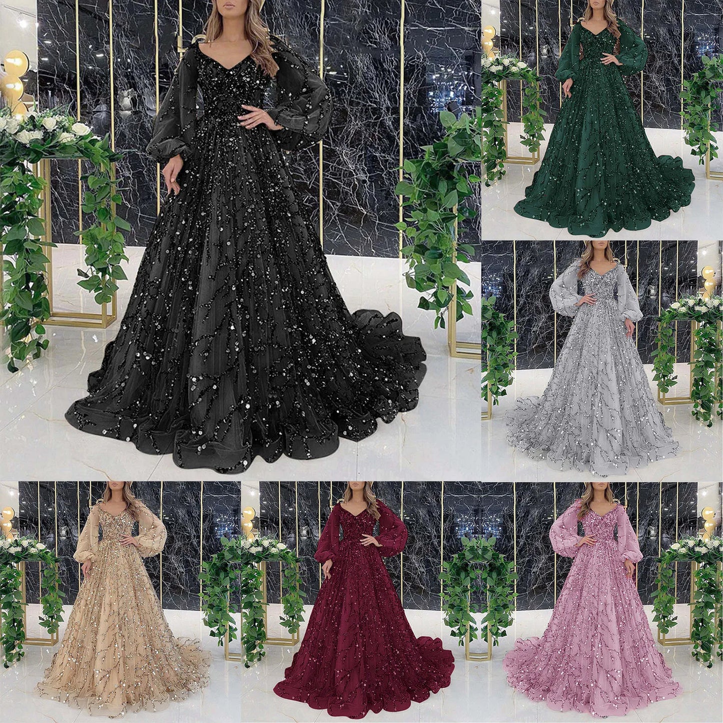 Zay Women's Elegant Cocktail Party Dress Sequins Mesh Evening Dress Long Lantern Sleeve V-Neck Floor Length Luxury Dresses