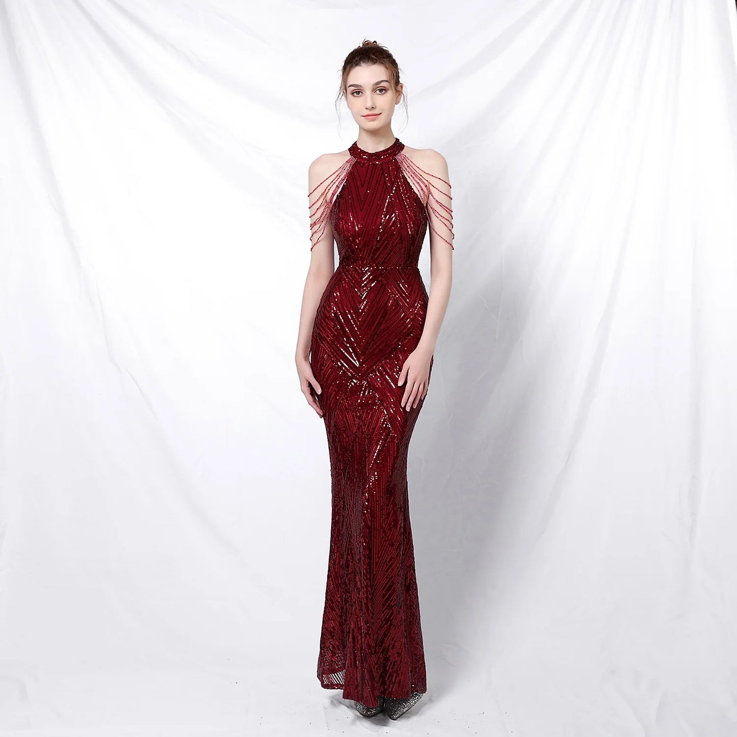 Maxy Prom Long Elegant Dresses Halter Sequin Mermaid Prom Dress De Fiesta Evening Dresses Customized