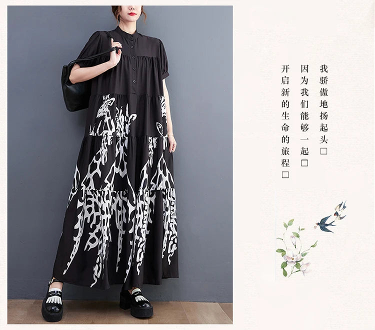 Maxy New Korean Style Woman Summer Graffiti Printed Long Black Large Shirt Dress Plus Size Loose Fit Tide Casual Robe Femme