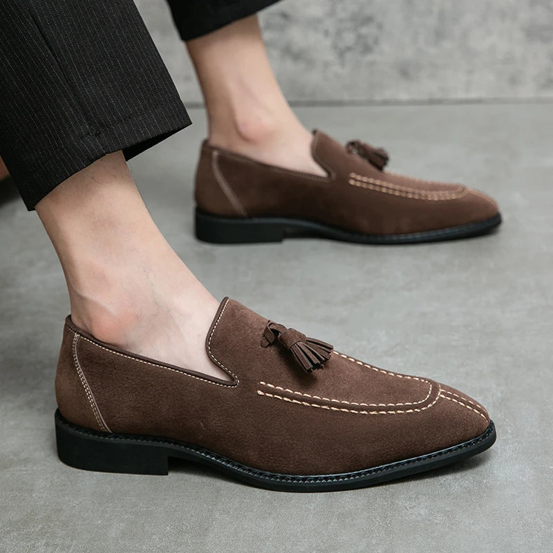 Visco Men's Loafers Brand Suede Leather Shoes Vintage Slip-on Classic Casual Men Driving Shoes Wedding Male Dress Shoes Tassel pointed