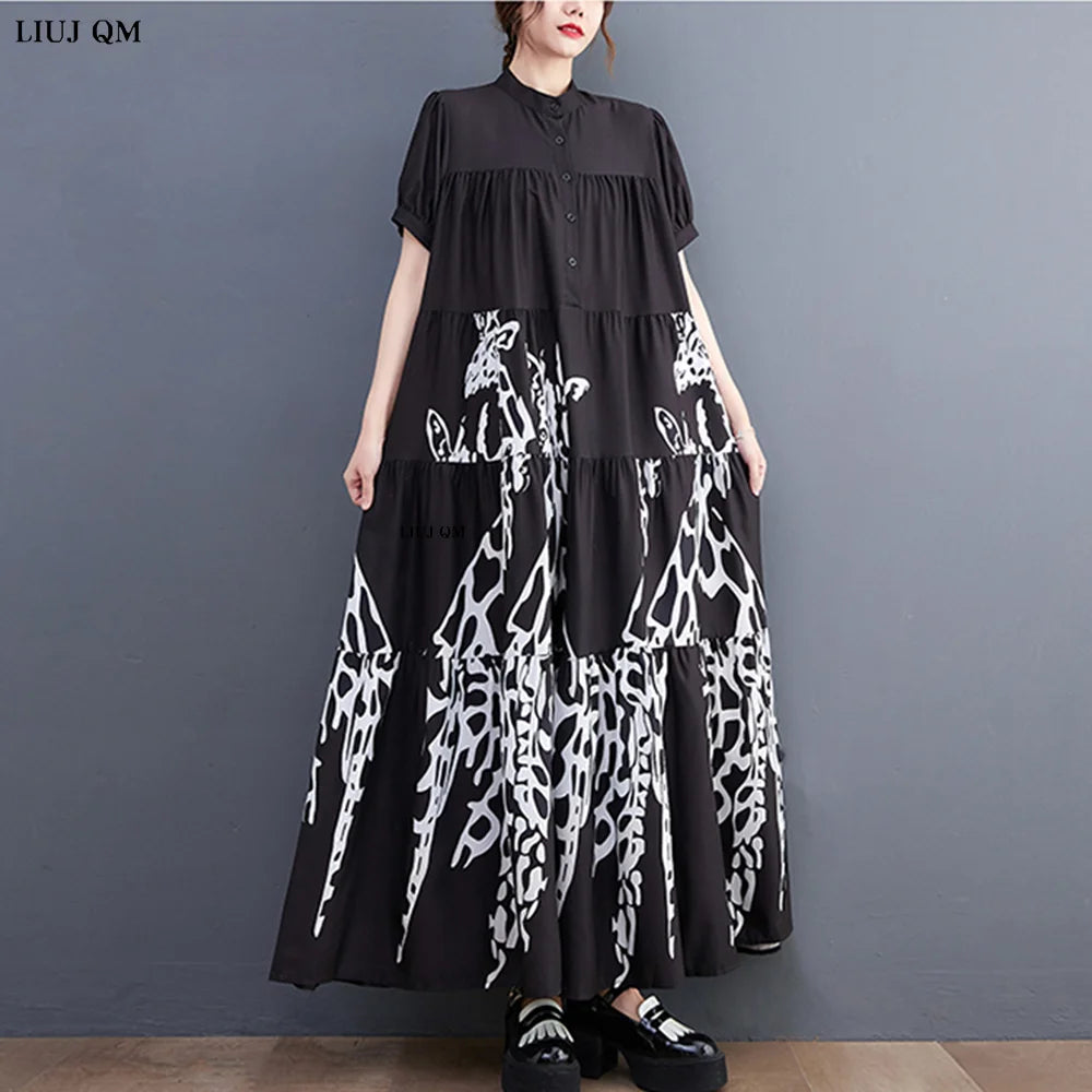 Maxy New Korean Style Woman Summer Graffiti Printed Long Black Large Shirt Dress Plus Size Loose Fit Tide Casual Robe Femme