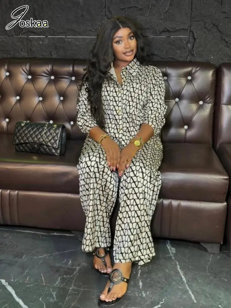 Maxy Print 2 Piece Sets Women Hipster Lapel Full Sleeve Oversized Blouse and Wide Leg Pants Matching Y2K Streetwear