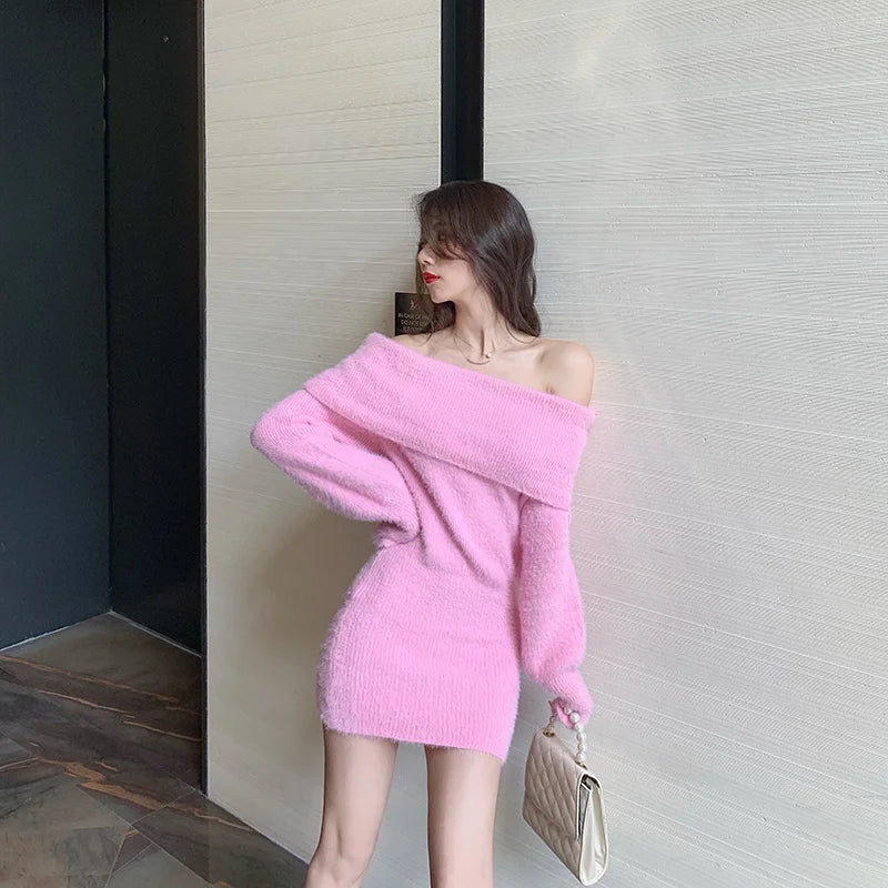 Babs New Sweater Dress Women Pullover Solid Color Korean Fashion Sexy Off Shoulder Bodycon Mini Robe Femme