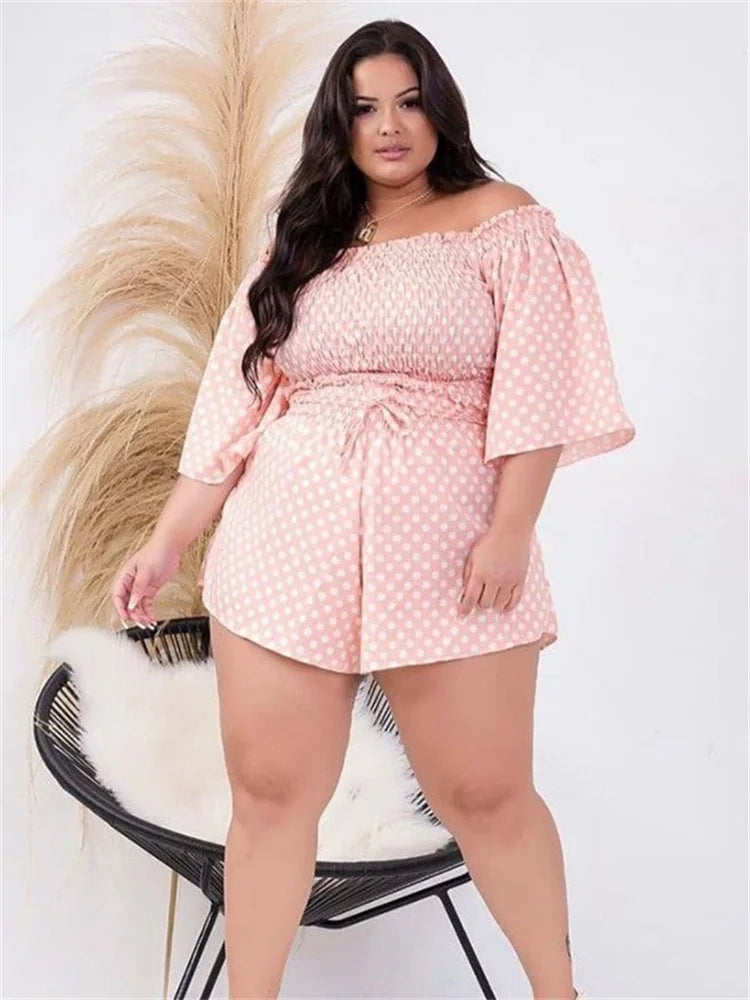 Maxy Plus Size Two Piece Set Women's Clothing Off Shoulder Short Sets Dot Print Top Sweet Suit Summer dresses