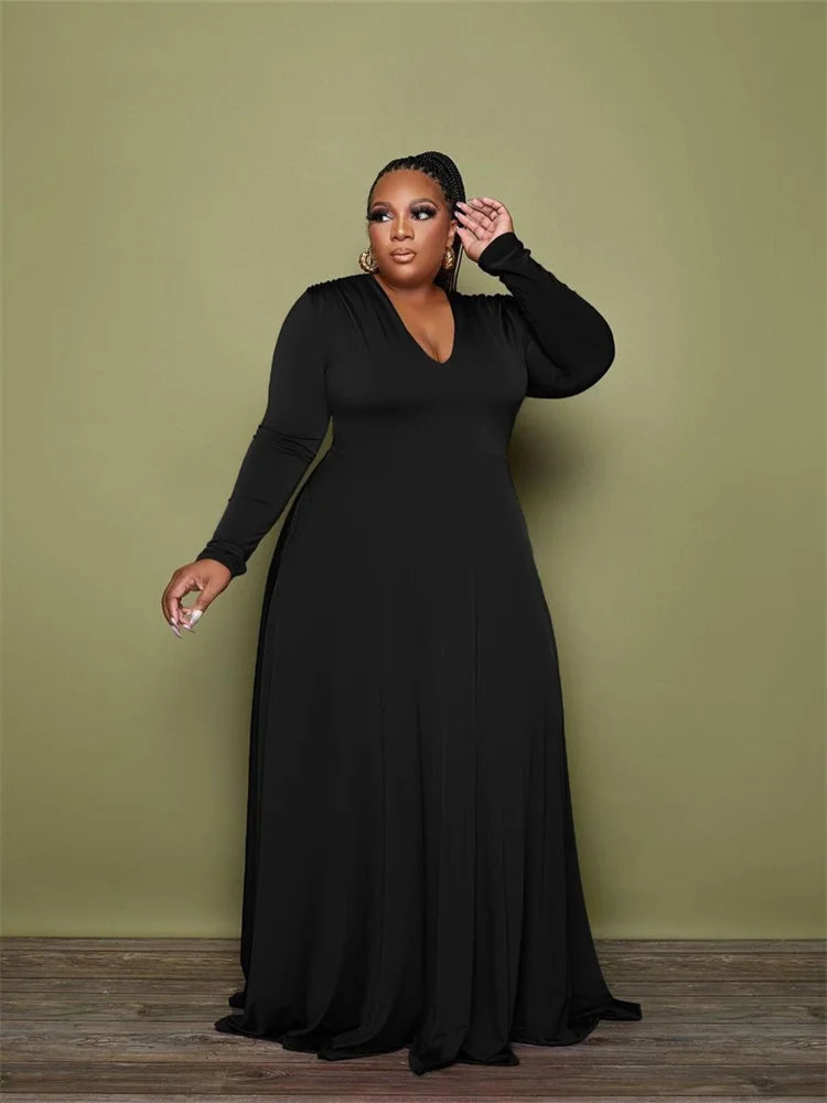 Maxy Plus Size Party Dresses Women Clothing 2024 V Neck Long Sleeve Solid Loose Elegant Maxy Dresses
