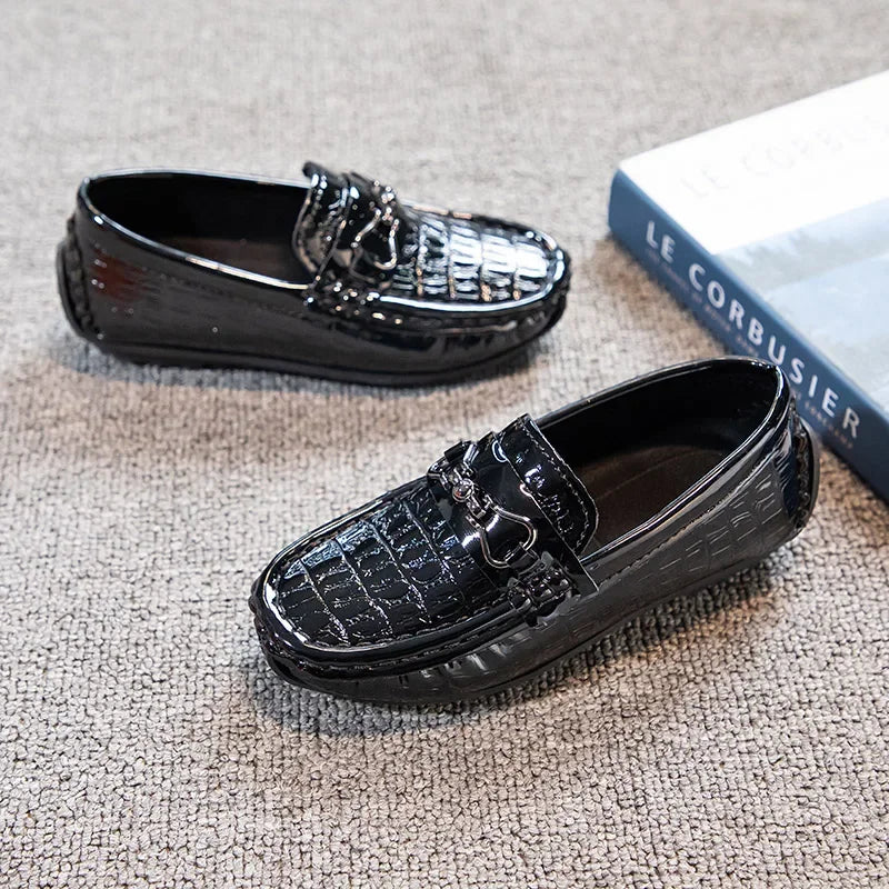 Visco Boys Leather Shoes Round-toe Flat Soft Kids Fashion Casual Loafers Glossy Metal Buckle Children Moccasins Non-slip Britain Style
