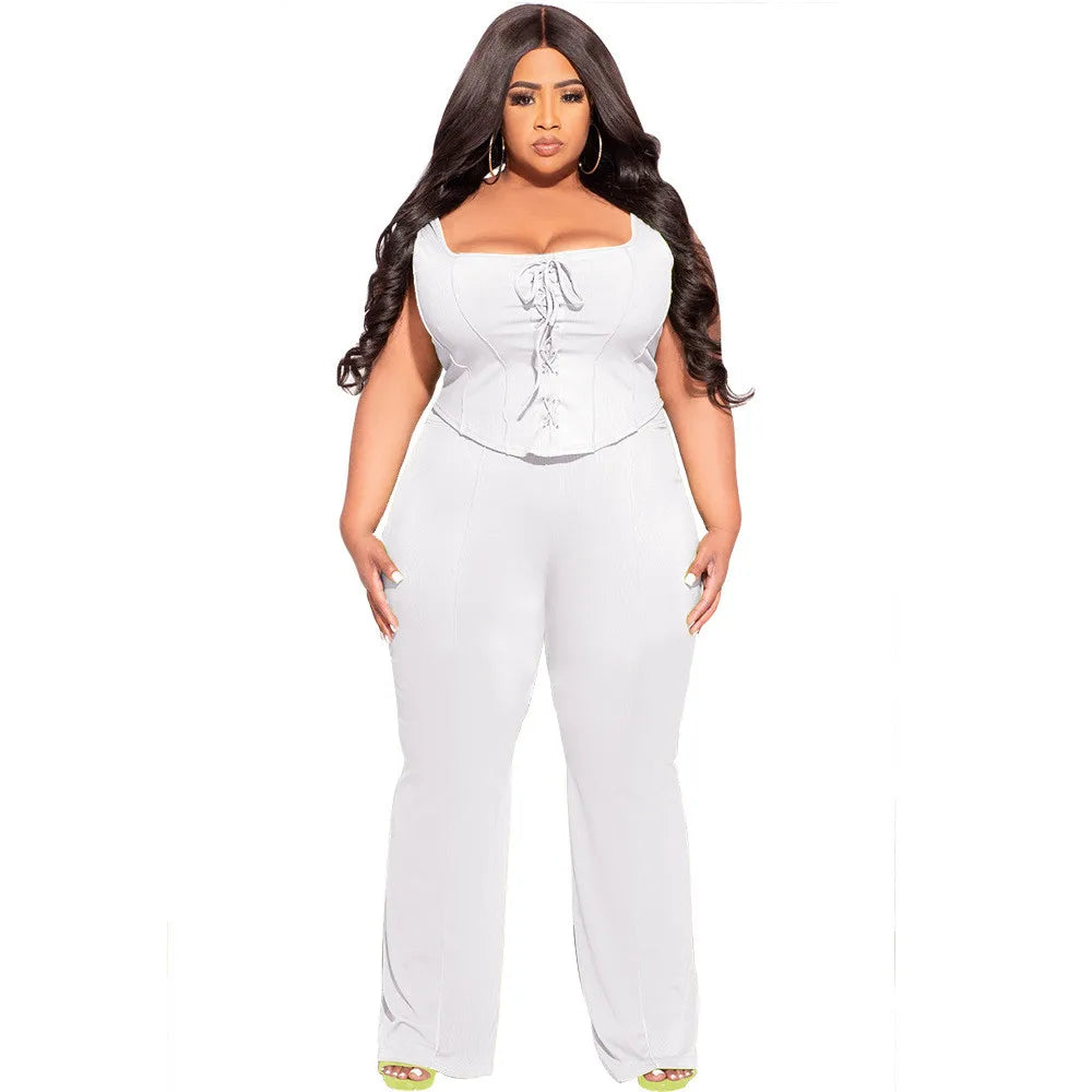 Maxy Plus Size Women Clothing 2 Piece Outfits Summer Bandage Top Flared Pants Fashion Matching Sets