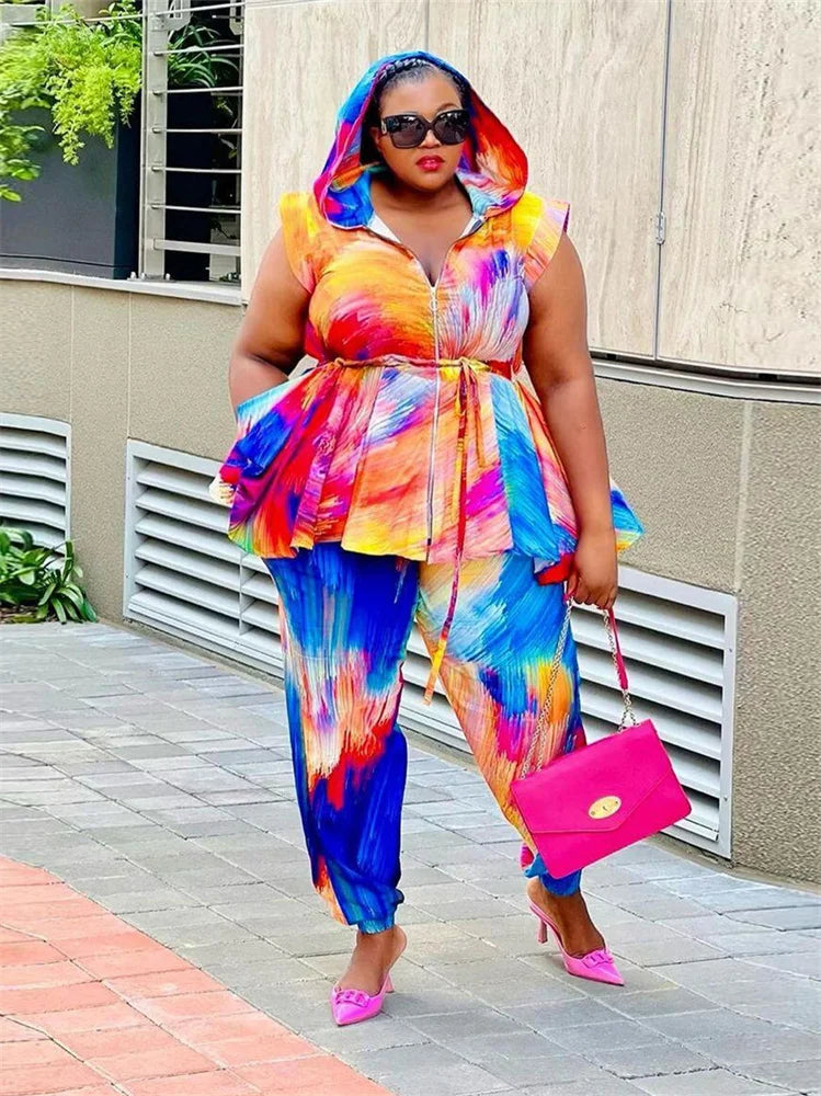 Maxy Plus Size Women Clothing Two Piece Set Hoodies Tie Dye Casual Loose Top and Pants Matching Suit