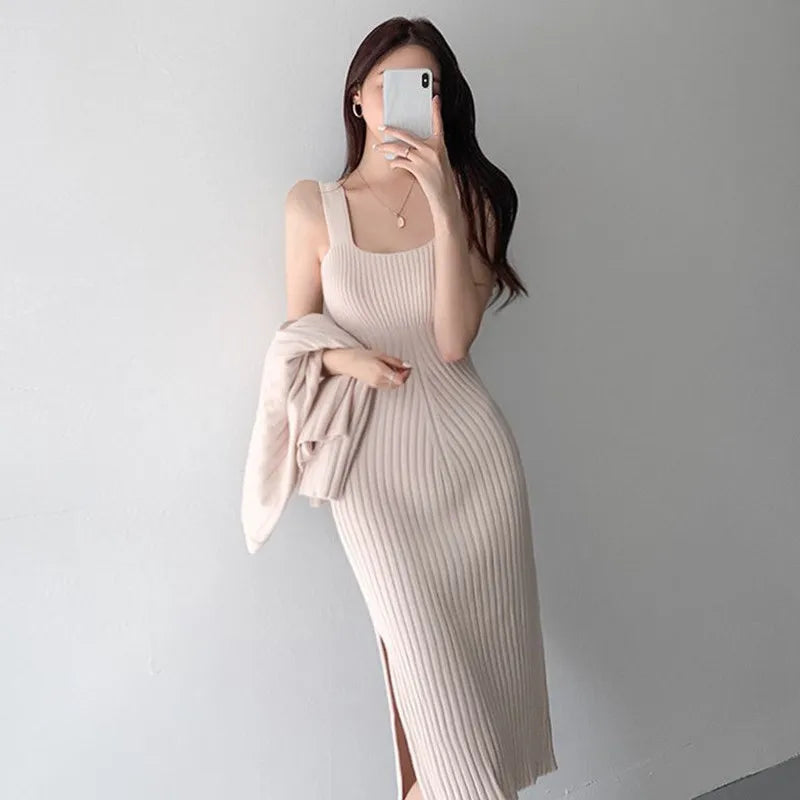 Babs Hot sweet Women 2pcs Suits Full Sleeves Cardigan Halter Spaghetti Strap Sheath Long Dress Knitted Solid Sets