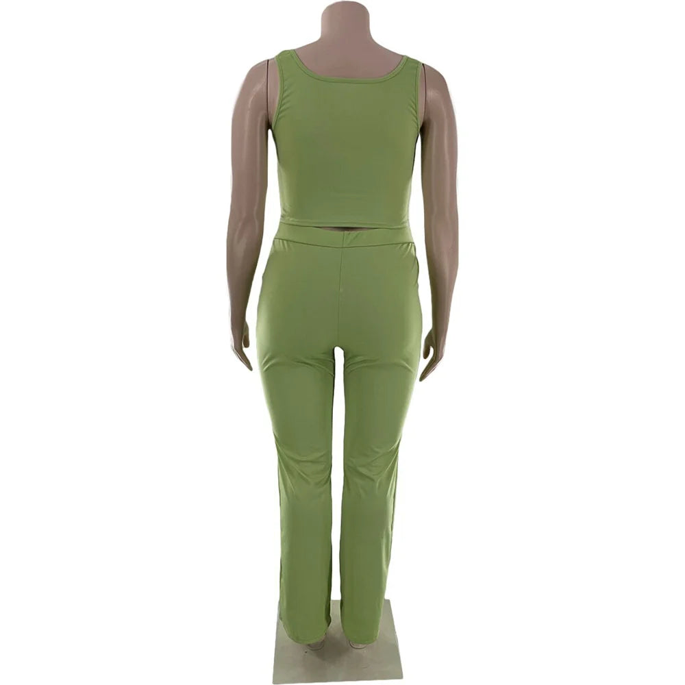 Maxy Plus Size Women Clothing 2 Piece Outfits Summer Bandage Top Flared Pants Fashion Matching Sets