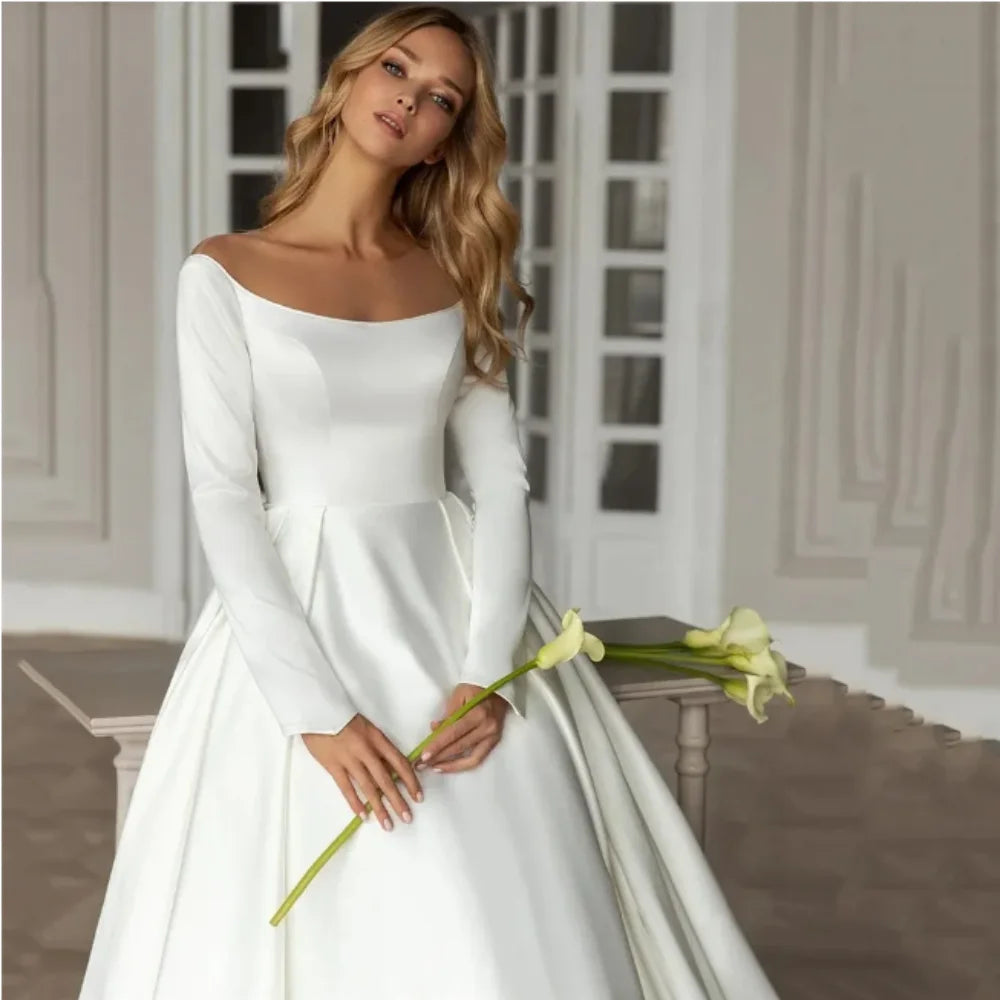 Maxy Modern Wedding Dress Long Sleeves A Line Simple Boho Garden Bridal Gown Court Train Bride Women