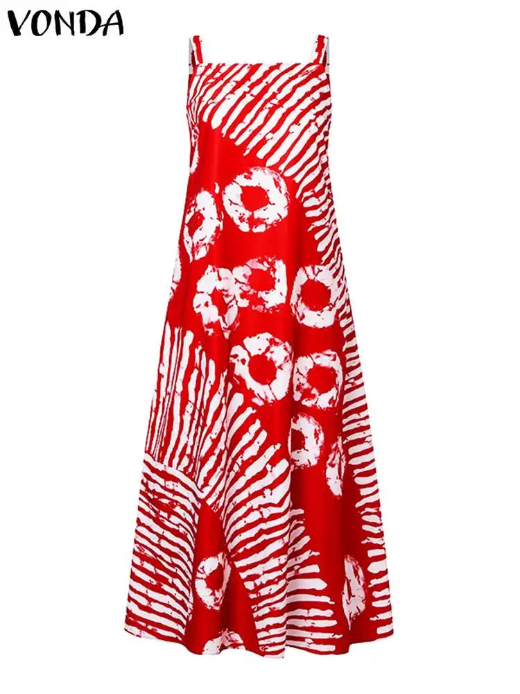 Maxy Plus Size 5XL VONDA Bohemian Printed Maxy Dress Summer Sleeveless Party Beach Sundress Tank Long Casual Loose Robe