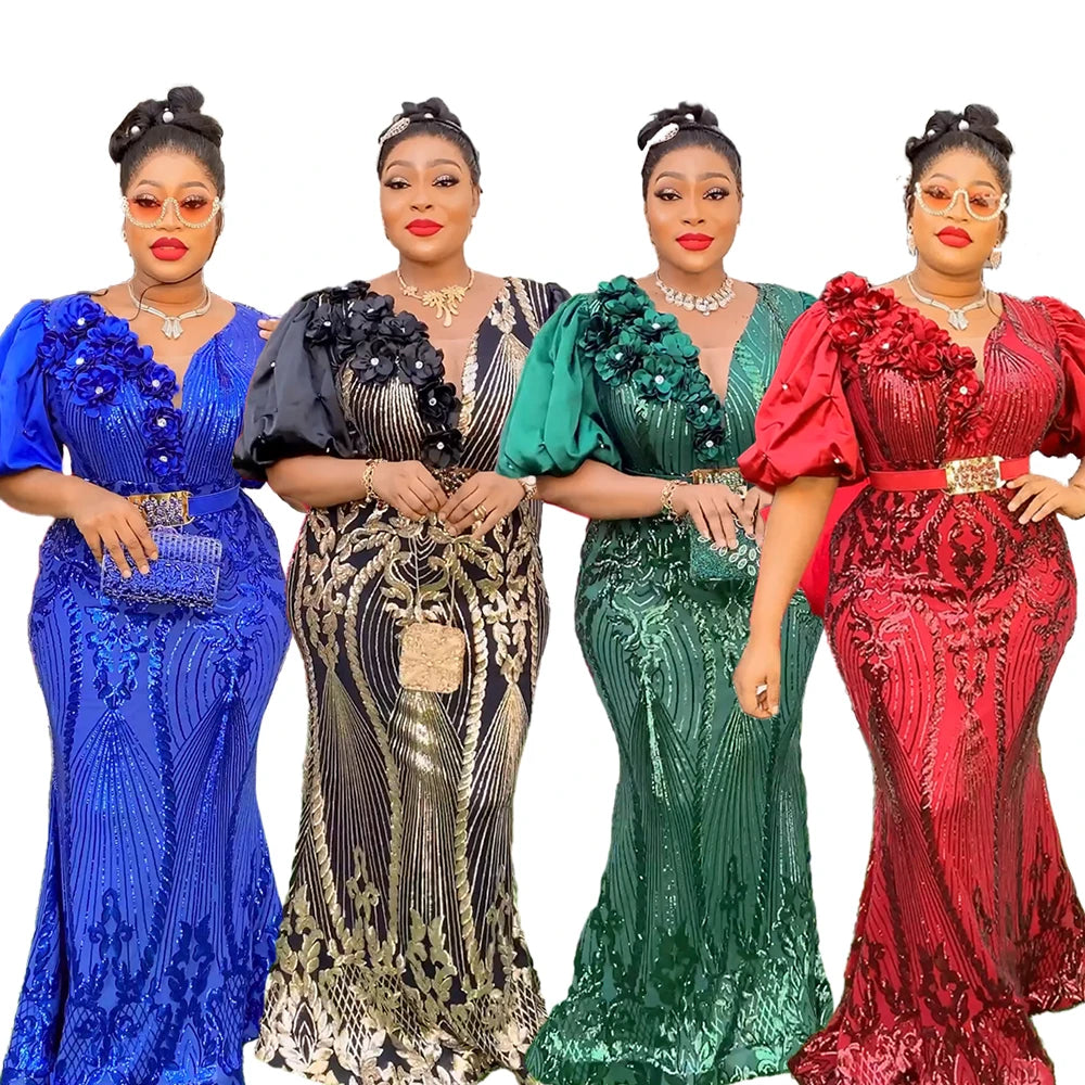 Macy Plus Size African Party Dresses for Women Dashiki Ankara Sequin Wedding Evening Gown Sexy Bodycon Maxi Long Dress 2024