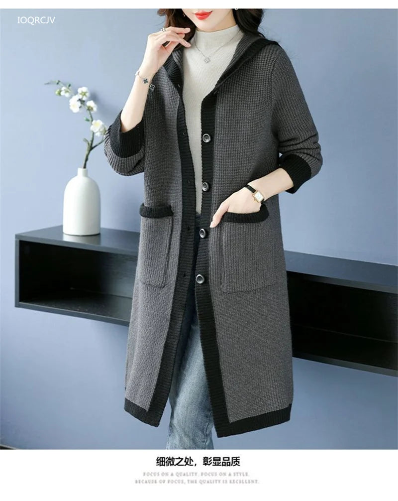 Maxy new Hooded Knitted Momsey Sweater Coat Women Autumn Winter Long Wool  AmericanFemale Casual Loose Knitting Jacket Large Size 5XL