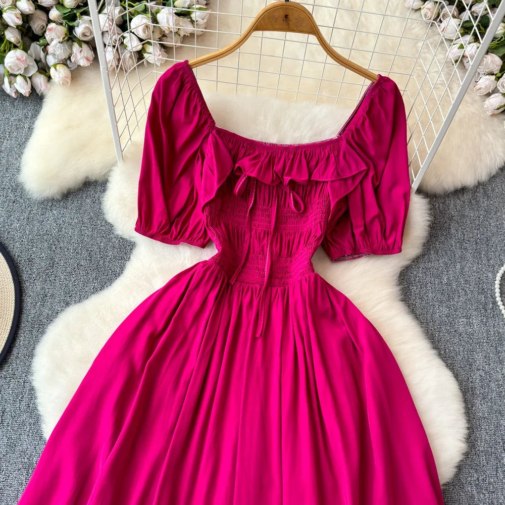 Babs Chic Elegant Square Collar Macy Dress Women Solid Short Puff Sleeve Dresses 2024 Korean Fashion Vintage Ruffle Vestidos