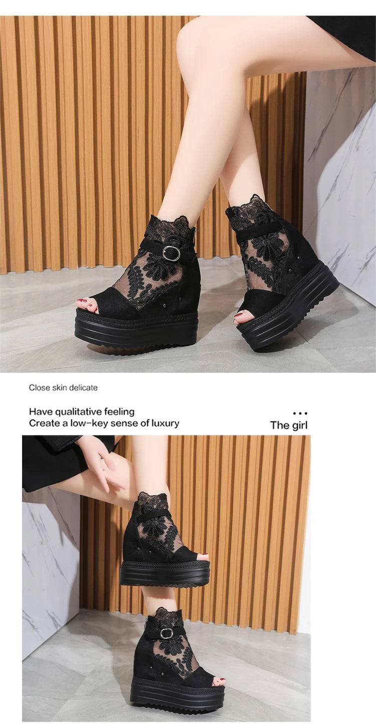 Summer Crystals Buckle Platform Sandals Women Cool ZIP Boots 10cm Wedges Heel Height Increasing Peep Toe Lace breathable Shoes