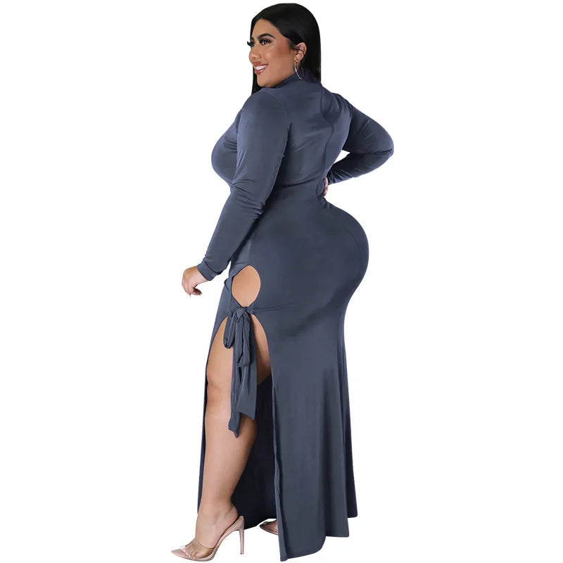 Maxy Plus Size Fall Clothing Women Long Sleeve Fashion High Slit Split Sexy Hollow Out Long Maxy Dress