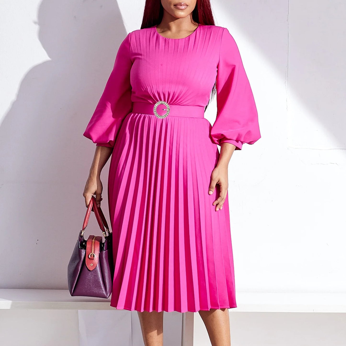 Maxy Elegant Dresses Woman Pleated O Neck Full Sleeve Belt Waisted Mid Calf Luxury Female Birthday Party Dinner Vestidos Mujer