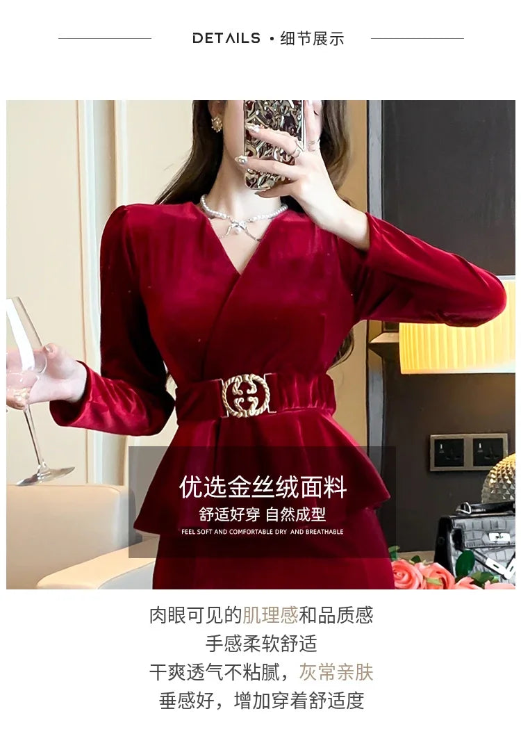 Babs Winter Red Velvet Chic Ruffled Bandage Long Dress Women Elegant Luxury Festival Dress Gown Korean Elegant Prom Dress