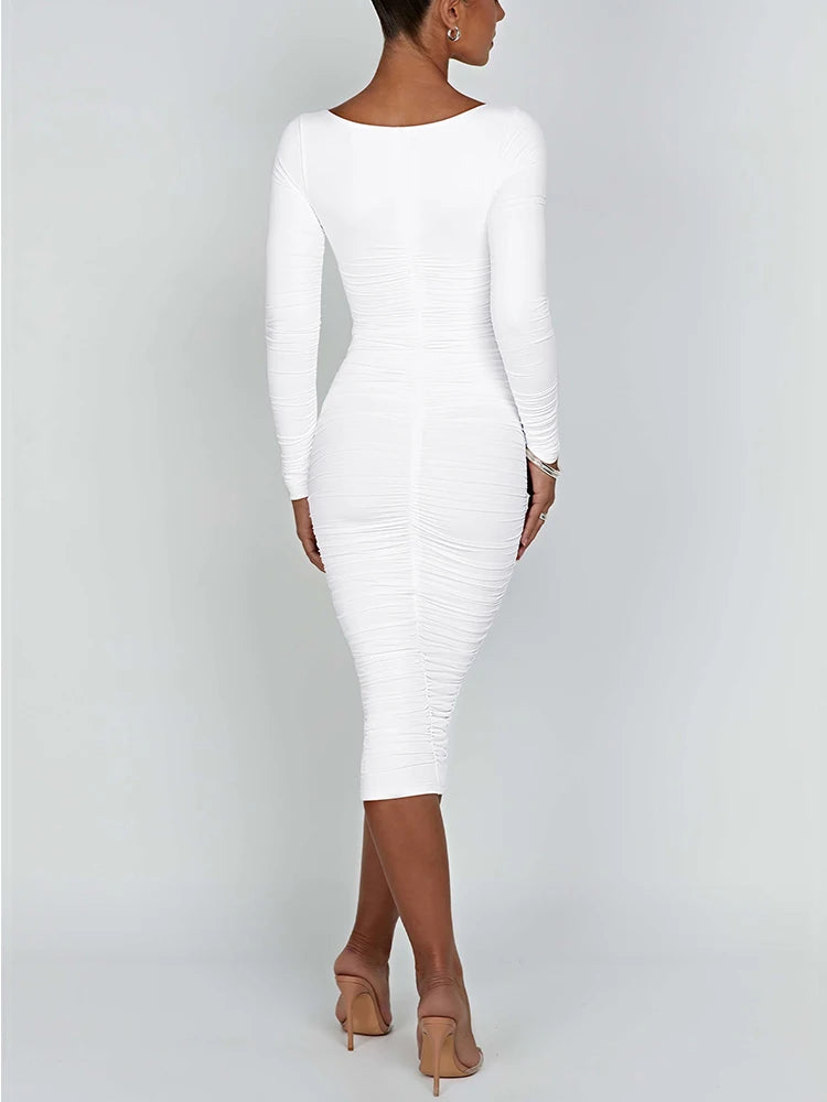 Maxy Autumn and Winter Women Sexy Bodycon Dress Square Neck Long Sleeved Ladies Evening Dresses