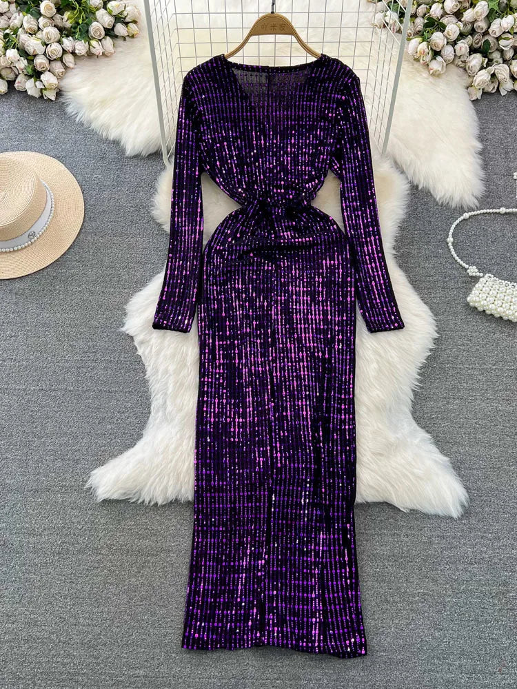 Babs Elegant Chic Y2K Women's Dress Long-sleeve V-neck Split Sequins Patchwork Hip Warp Dresses Autumn Winter