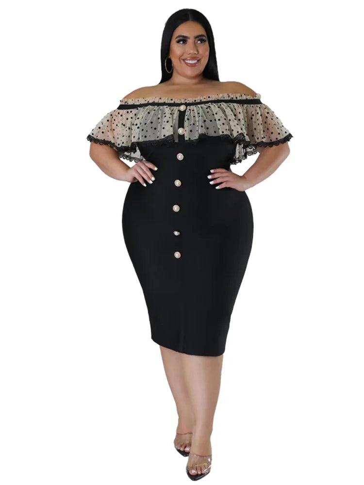Maxy Plus Size Party Dress Women Clothing Solid Mesh Patchwork Off Shoulder Dress Fashion Outfits