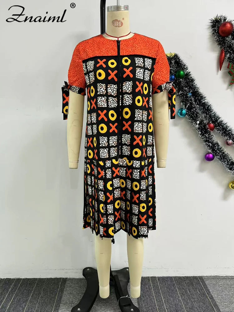 Maxy Elegant Indie Folk African Orange Mid Dresses Women A-line O-Neck Short Sleeve Loose Print Dashiki Ankara Birthday Festival Robe