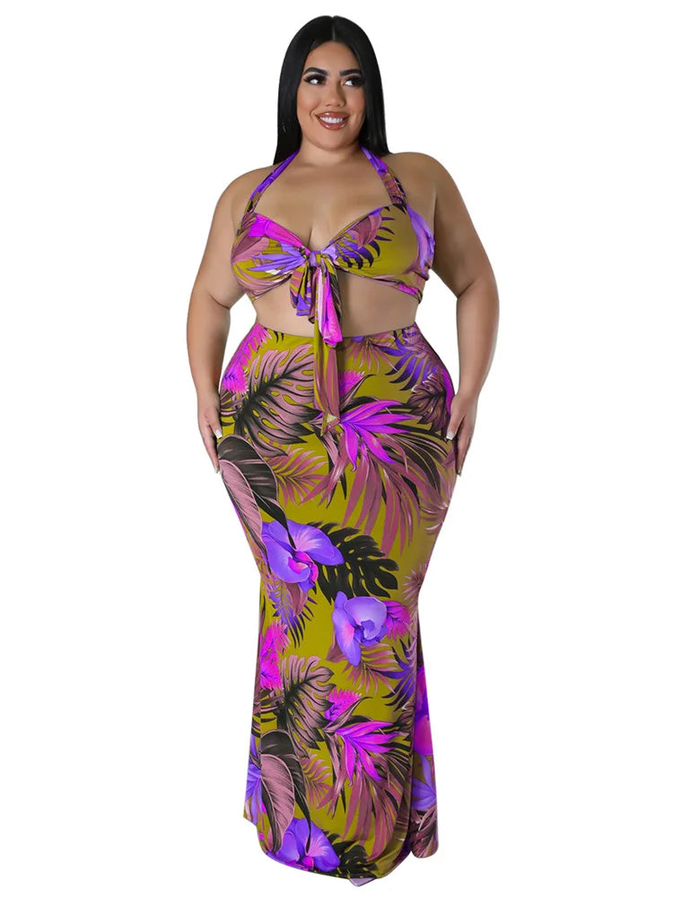 Maxy Plus Size Dress Sets Women Clothing Two Piece Set Bra and Skirts Crop Top Summer Beach Outfits