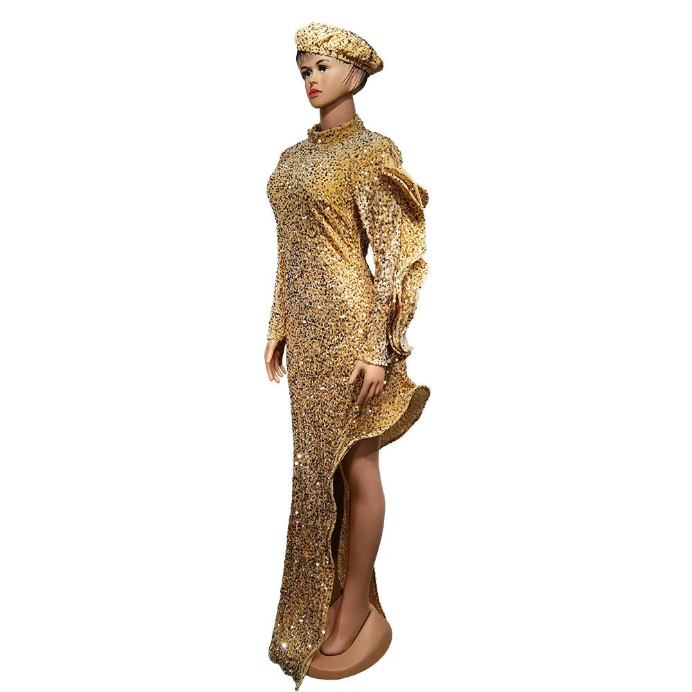 Macy Luxury African Evening Dresses for Women Gold Color Sequin Wedding Party Gown Dashiki Ankara Formal Dress Africa Clothing Kaftan