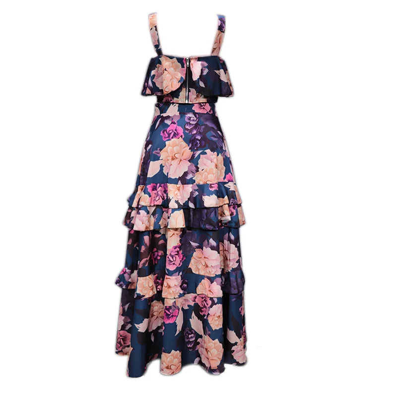 Maxy 2 Piece Set Women Stylish Floral Elegant Printed Sleeveless Short Top+Loose High Waist Pleated Long Skirt Sets