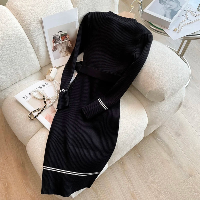 Maxy YuooMuoo Autumn Winter Women Knitted Dress Brand Fashion O-neck Buttons Bodycon Sweater Dress with Belt Lady Office Dress