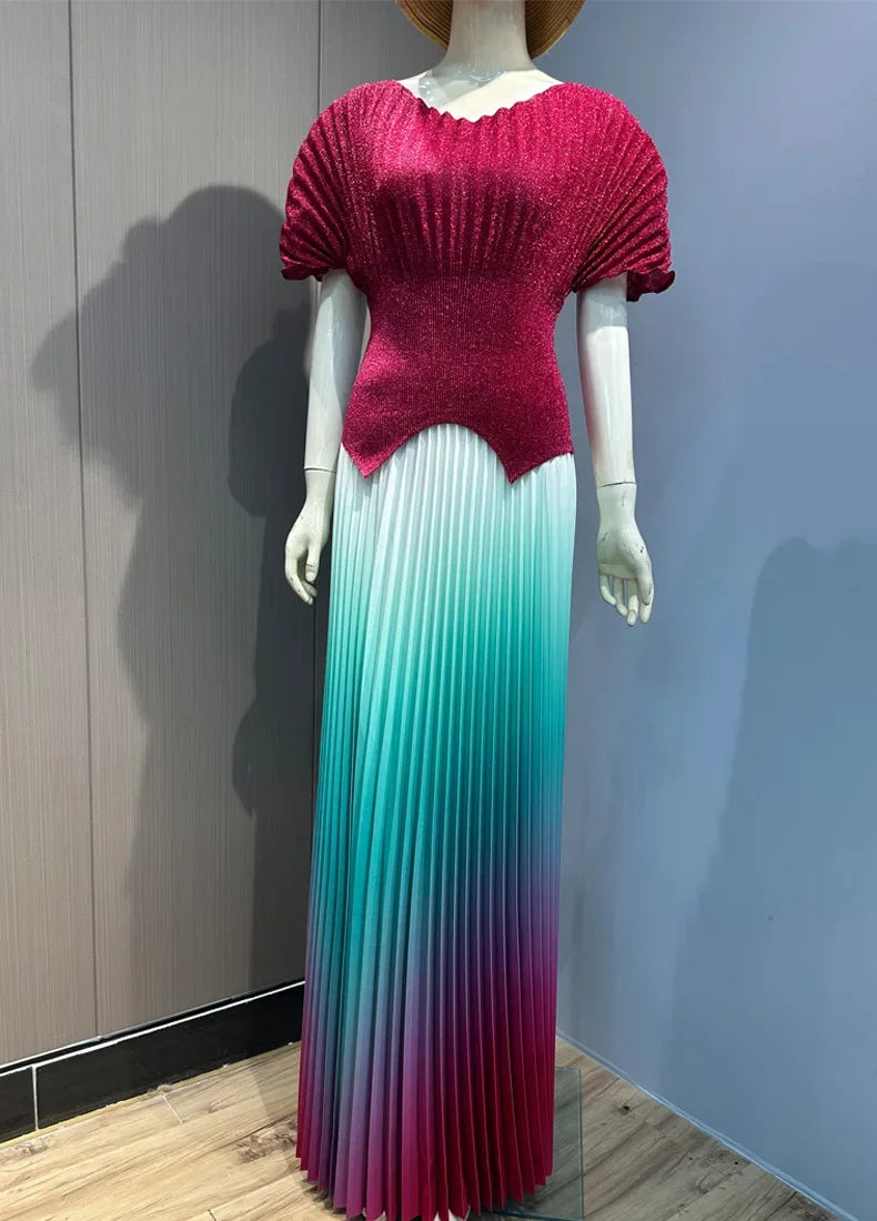 Maxy Pleated 2 Pieces Set Women Fashion V Neck Short Batwing Sleeves Irregular Hem T-shirt&New Gradient A-line Folds Long Skirt