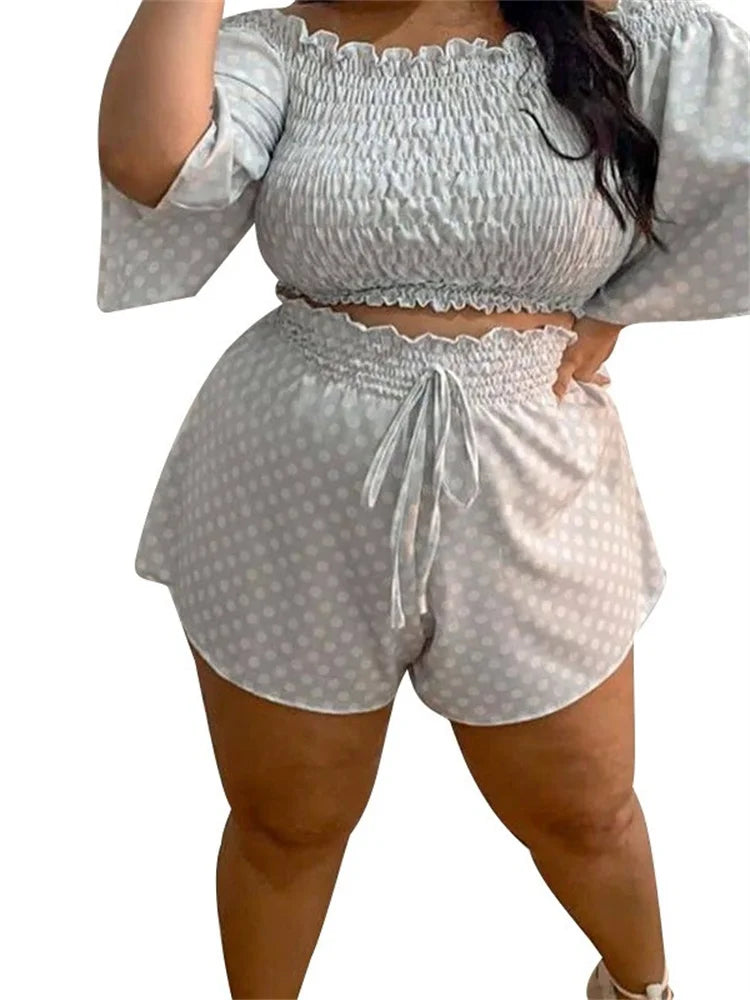 Maxy Plus Size Two Piece Set Women's Clothing Off Shoulder Short Sets Dot Print Top Sweet Suit Summer dresses