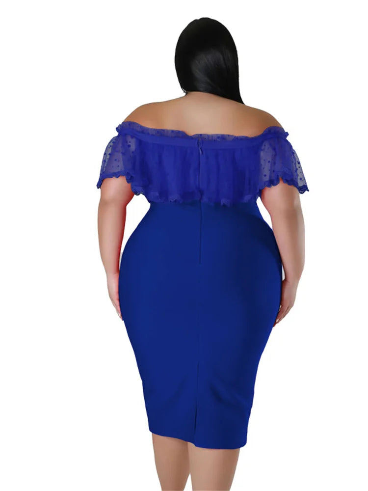 Maxy Plus Size Party Dress Women Clothing Solid Mesh Patchwork Off Shoulder Dress Fashion Outfits