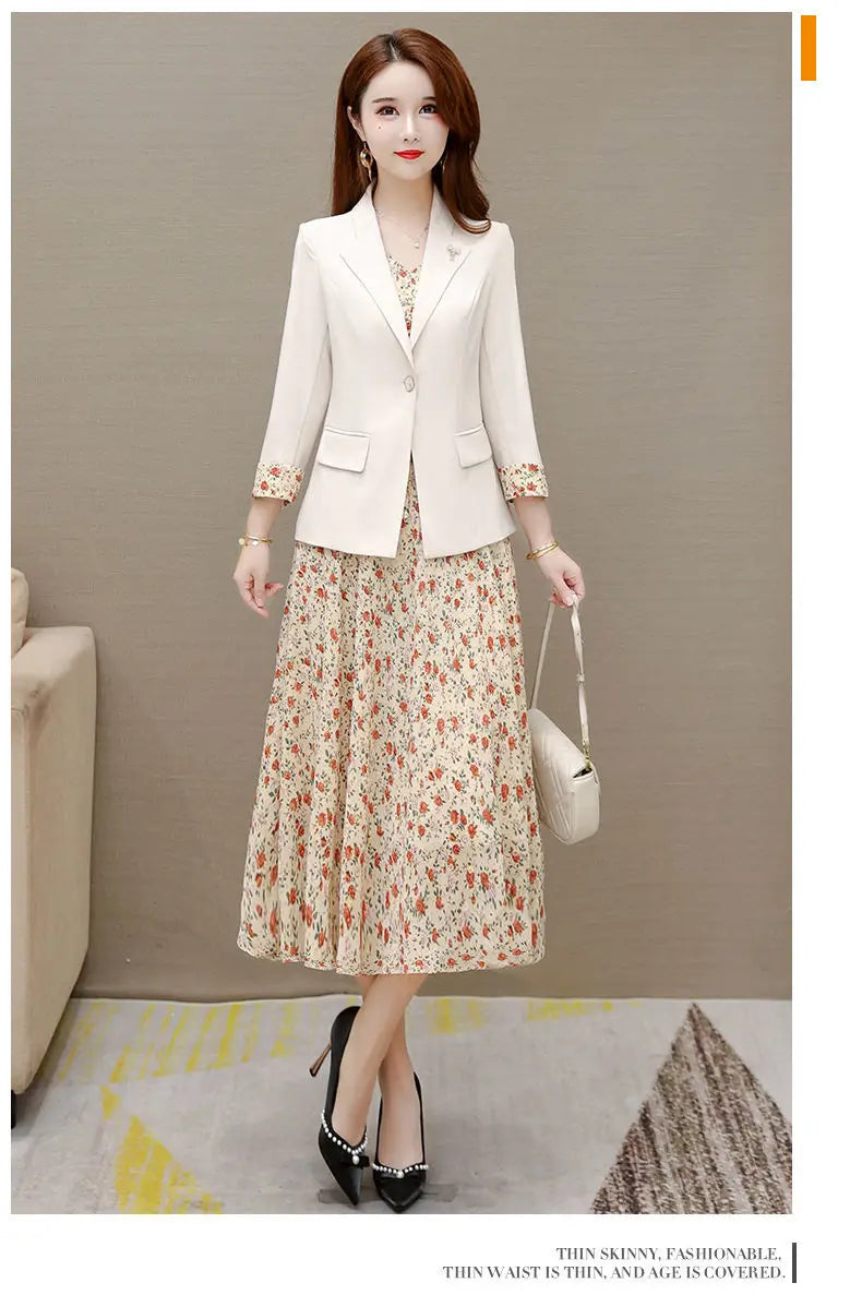 Maxy Women's Dress Set Spring Summer New Fashion Floral Suit Jacket+chiffon Skirt Two-piece Korean Casual Blazers Matching Sets